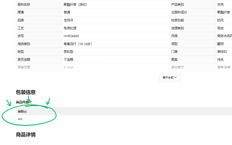 Example: where shipping weight appears on a 1688 listing